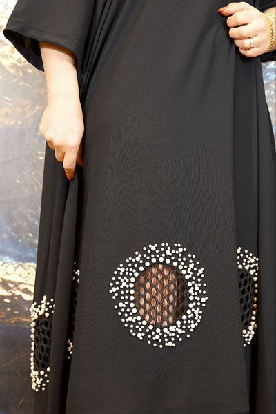 Yeşilmoda Dress Everyday,Crepe Fabric,Pearl and Lace,Black,With Print,Pocket,Plus Size,High Quality,Flared Dress