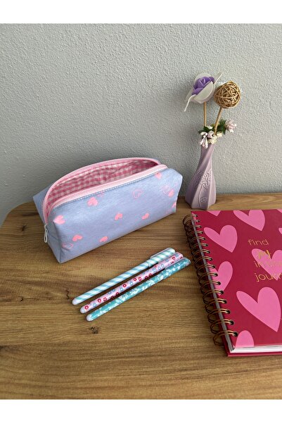 minyaturhayalim Mavi Pembe kalp desenli pembe fermuarlı kalemlik kalem kutusu ölçüleri 20-7-6cm
