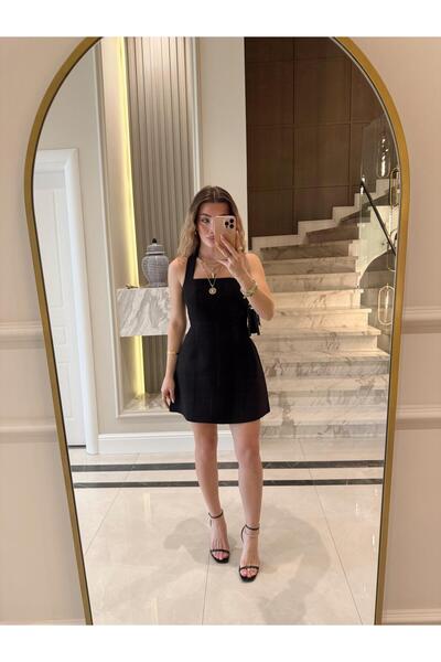 CKBUTİK Rochie mini neagră cu bretele pe gât-12328
