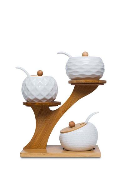 COOYA 3-piece ceramic spice jar set, removable tray, bamboo lid and spoon included, easy to clean, white