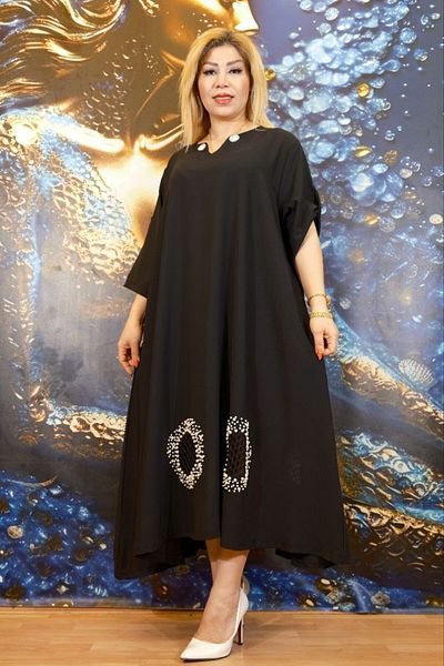 Yeşilmoda Dress Everyday,Crepe Fabric,Pearl and Lace,Black,With Print,Pocket,Plus Size,High Quality,Flared Dress