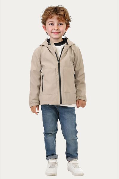 Montland Boy's Stone Lined Water and Windproof Hooded Double Zipper Pocket Raincoat