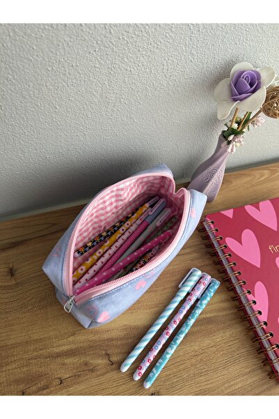 minyaturhayalim Mavi Pembe kalp desenli pembe fermuarlı kalemlik kalem kutusu ölçüleri 20-7-6cm