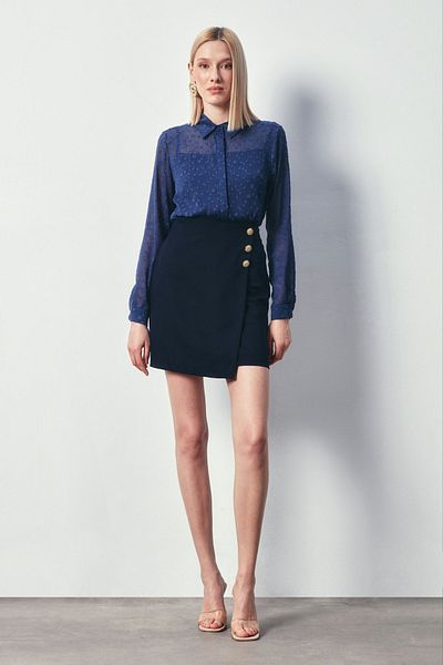 Sateen Μπλε Navy Διπλό Φούστα - Λεπτομέρεια με Κουμπί