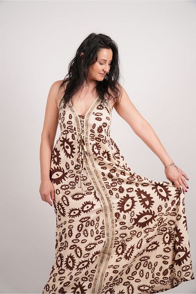 LaraLisa Collection Women's Summer Dress with V-Neck Tie and Eye Pattern with Rope Strap