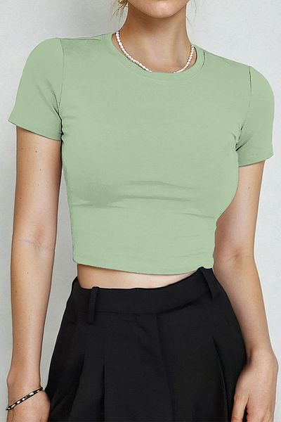 Teenage Millionaire Γυναικεία Water Green Crew Neck Lycra Κοντό μανίκι Body Crop Μπλούζα