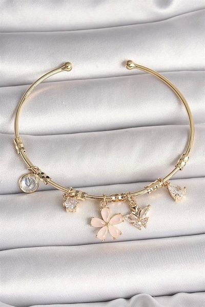 Clariss Brass Gold Color Hanging Pink Enamel Flower Figure Zircon Stone Butterfly Detail Charm Women's Bracelet