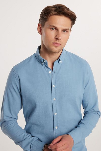 Tudors Cămașă albastră pentru bărbați, slim fit, 100% bumbac, in, textura, guler cu nasturi
