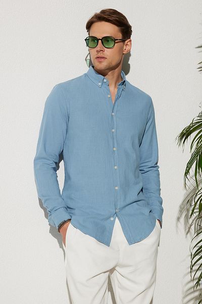 Tudors Cămașă albastră pentru bărbați, slim fit, 100% bumbac, in, textura, guler cu nasturi