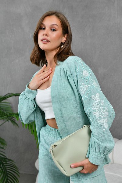 Miss Allos Linen Kimono Jacket and Trousers Set with Embroidery Detail - Women