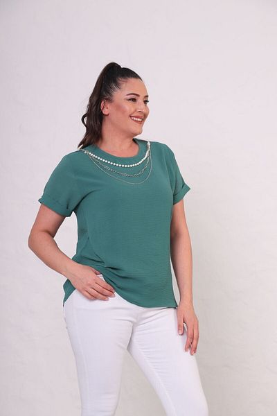 tarzımsüper Women's Plus Size Short Sleeve Blouse with Necklace Gift
