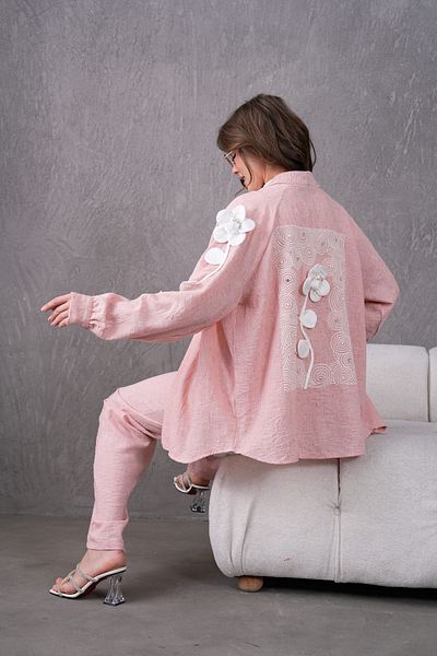 Miss Allos Women's Back and Sleeves Embroidered Floral Accessories Linen Kimono Jacket and Pants Bottom Top Set