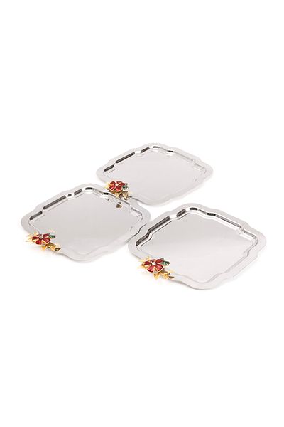 NEWTREND Züccaciye 3-Piece Luxury Silver Daisy Tray Red Flower Model Stainless Steel Tea, Coffee, Service Presentation Tray