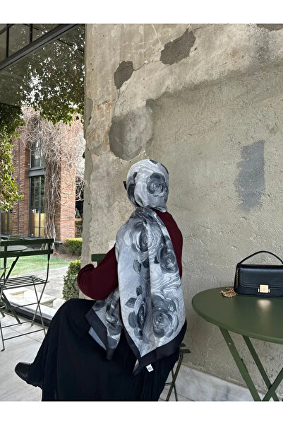 Qalortex Scarf Şal din bumbac cu model trandafir - negru/antracit