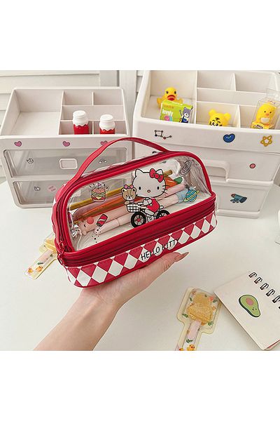 Choice Hellokitty Kawaii Cartoon Hellokitty Kuromi Large Capacity Transparent Double Layer Pencil Case Cart