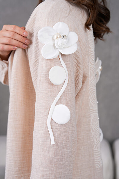 Miss Allos Women's Back and Sleeves Embroidered Floral Accessories Linen Kimono Jacket and Pants Bottom Top Set