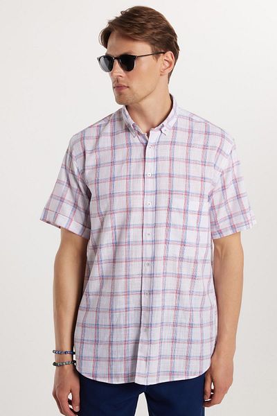 Tudors Men's Regular Fit Classic Cut 100% Cotton Linen Texture Single Pocket Checked Short Sleeve Buttoned Collar Shirt