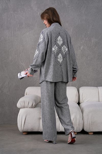 Miss Allos Women's Linen Kimono Jacket and Trousers Bottom Top Set with Embroidered Pearl Detail on the Back and Sleeves