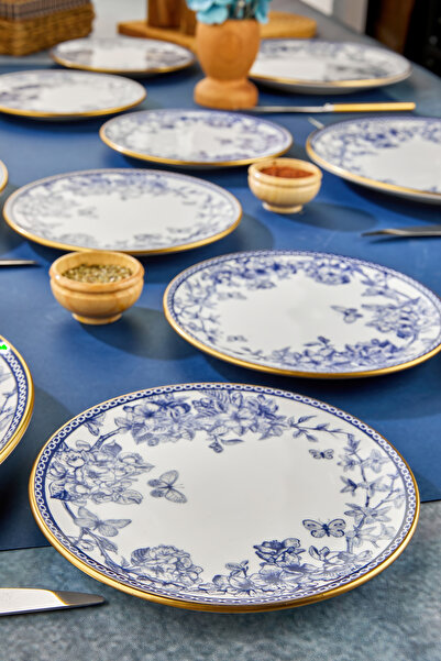 Mabeyn 6 Kişilik 12 Parça Seramik Pasta Ve Servis Sunum Tabağı Takımı Seti Mavi