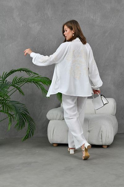 Miss Allos Linen Kimono Jacket and Trousers Set with Embroidery Detail - Women