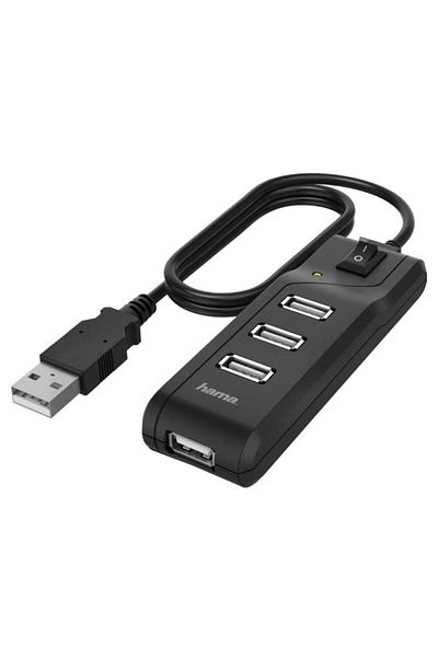 Hama Hub USB Hama 200118, 4 x USB 2.0, 480 Mbit/s, comutator pornit/oprit (Negru)
