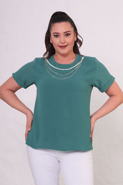 tarzımsüper Women's Plus Size Short Sleeve Blouse with Necklace Gift