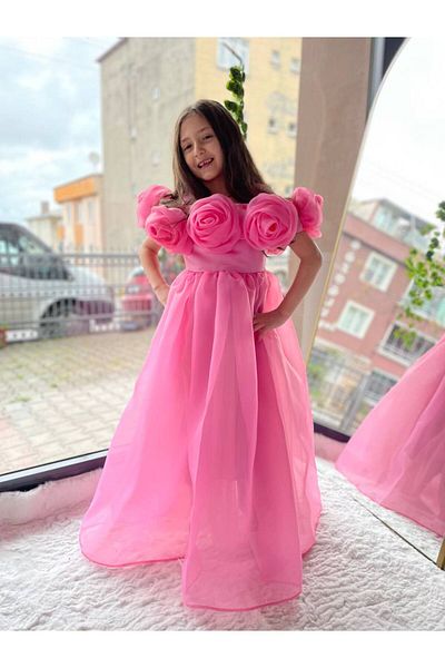 Sare Çocuk Giyim Pink Girl's 3D Rose Collar Long Evening Dress Princess Graduation Dress