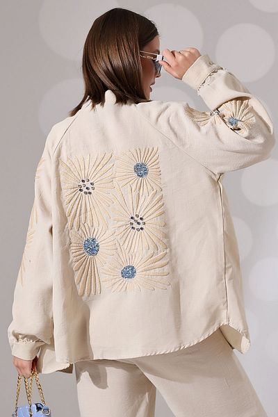 Miss Allos Set jachetă și pantaloni kimono din in - Broderie cu paiete pe spate și pe mâneci