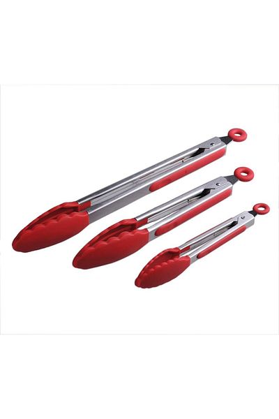 Smithcraft 3-piece Kitchen Tongs Set, Stainless Steel/silicone, Silver/red, 18/23/30 Cm