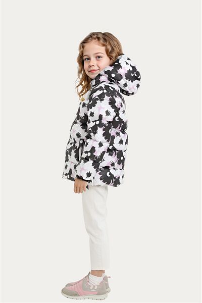 Montland Girl's White Purple Flower Pattern Fleece Water and Windproof Hooded Puffy Winter Coat