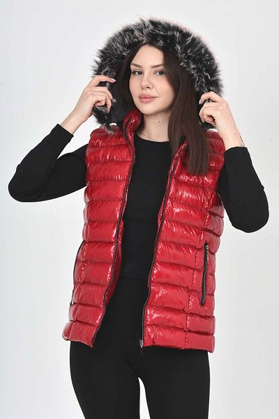 S&V TEKSTİL Women's Bright Red Inflatable Short Vest Coat