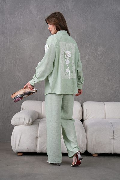 Miss Allos Women's Back and Sleeves Embroidered Floral Accessories Linen Kimono Jacket and Pants Bottom Top Set