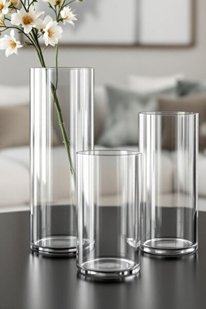 Meyra Cam 10 diametru - 15-20-25 cm vază cilindrică din sticlă de înaltă calitate, SET de 3 bucăți, lucrată manual