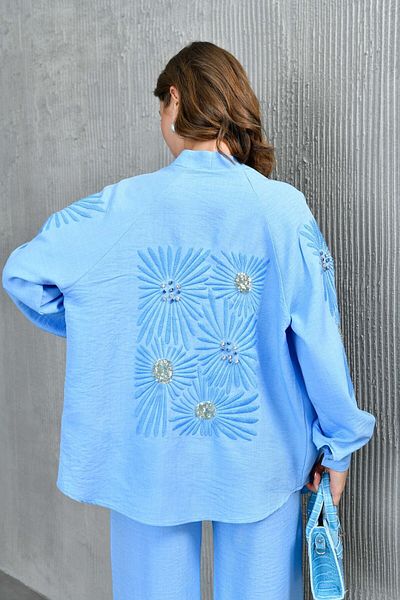 Miss Allos Set kimono și caftan pentru femei cu broderie cu paiete - cu detaliu pe spate și mâneci
