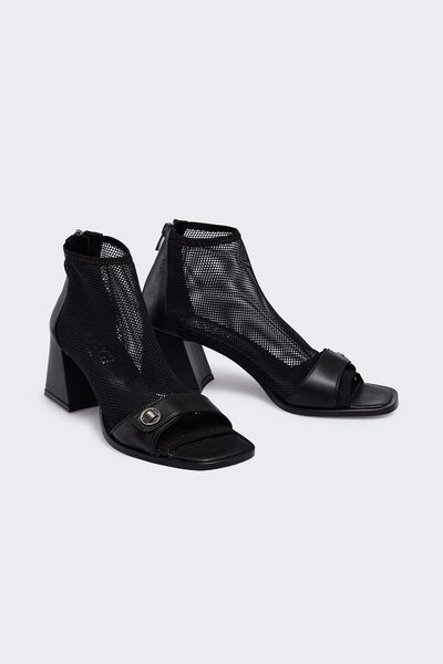 Favgi Abril Siyah Deri Siyah File Kadın Topuklu Sandalet