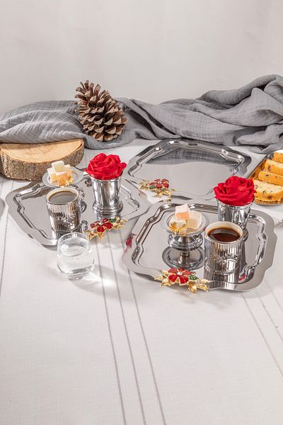 NEWTREND Züccaciye 3-Piece Luxury Silver Daisy Tray Red Flower Model Stainless Steel Tea, Coffee, Service Presentation Tray