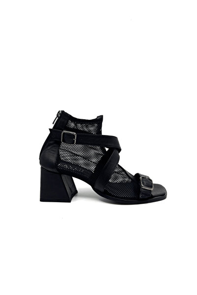 Leios Black Leather Black Mesh Women's High Heel Sandals