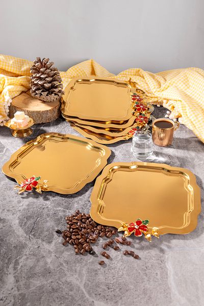 NEWTREND Züccaciye Lux Gold Daisy Tray - Red Flower Model Stainless Steeltea, Coffee, Service Presentation