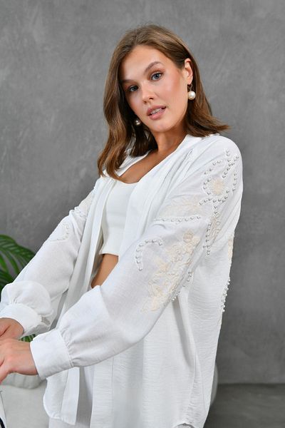 Miss Allos Linen Kimono Jacket and Trousers Set with Embroidery Detail - Women