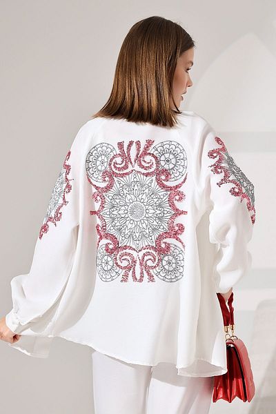 Miss Allos مجموعة الكيمونو والقفطان المزدوجة مع تفاصيل مطرزة بالترتر على الظهر والذراع للنساء من الأسفل إلى الأعلى
