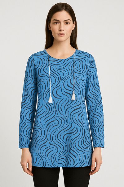 DHDmoda Large Size Blue patterned Rope Laced Long Tunic