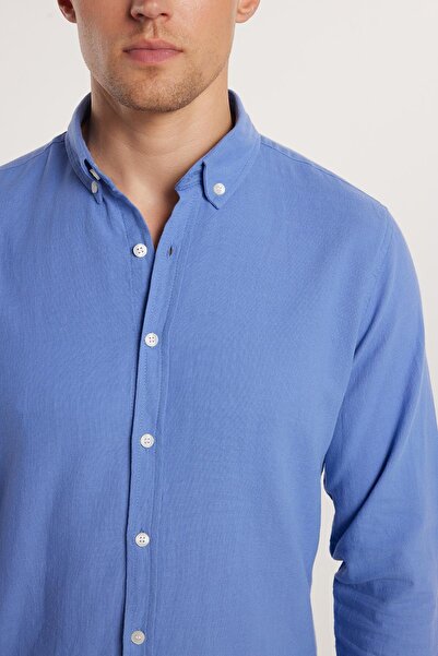 Tudors Cămașă pentru bărbați, slim fit, 100% bumbac, in, textura, guler cu nasturi, albastru închis