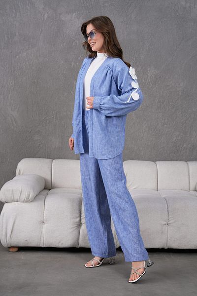 Miss Allos Women's Back and Sleeves Embroidered Floral Accessories Linen Kimono Jacket and Pants Bottom Top Set