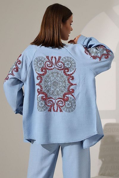 Miss Allos Set kimono și caftan pentru femei cu broderie cu paiete - cu detaliu pe spate și mâneci