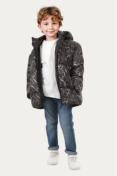 Montland Boys' Winter Puffer Jacket - Black, Detachable Hood, Water and Windproof, with Pockets