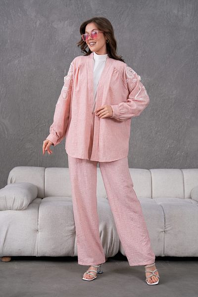 Miss Allos Women's Linen Kimono Jacket and Pants Bottom Top Suit with Embroidered Rose Flower Accessories on the Back and Sleeves