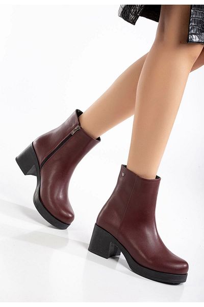 TB Terzi Bey 5109-3022 Claret Red με φερμουάρ και χοντρό τακούνι καθημερινά γυναικεία μποτάκια
