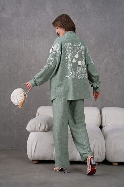 Miss Allos Women's Linen Kimono Jacket and Pants Bottom Top Suit with Embroidered Rose Flower Accessories on the Back and Sleeves