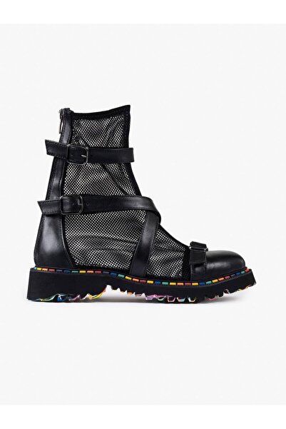 Mely Ln Black Leather Black Mesh Women's Summer Boots