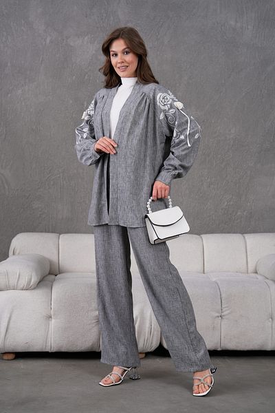 Miss Allos Women's Linen Kimono Jacket and Pants Bottom Top Suit with Embroidered Rose Flower Accessories on the Back and Sleeves